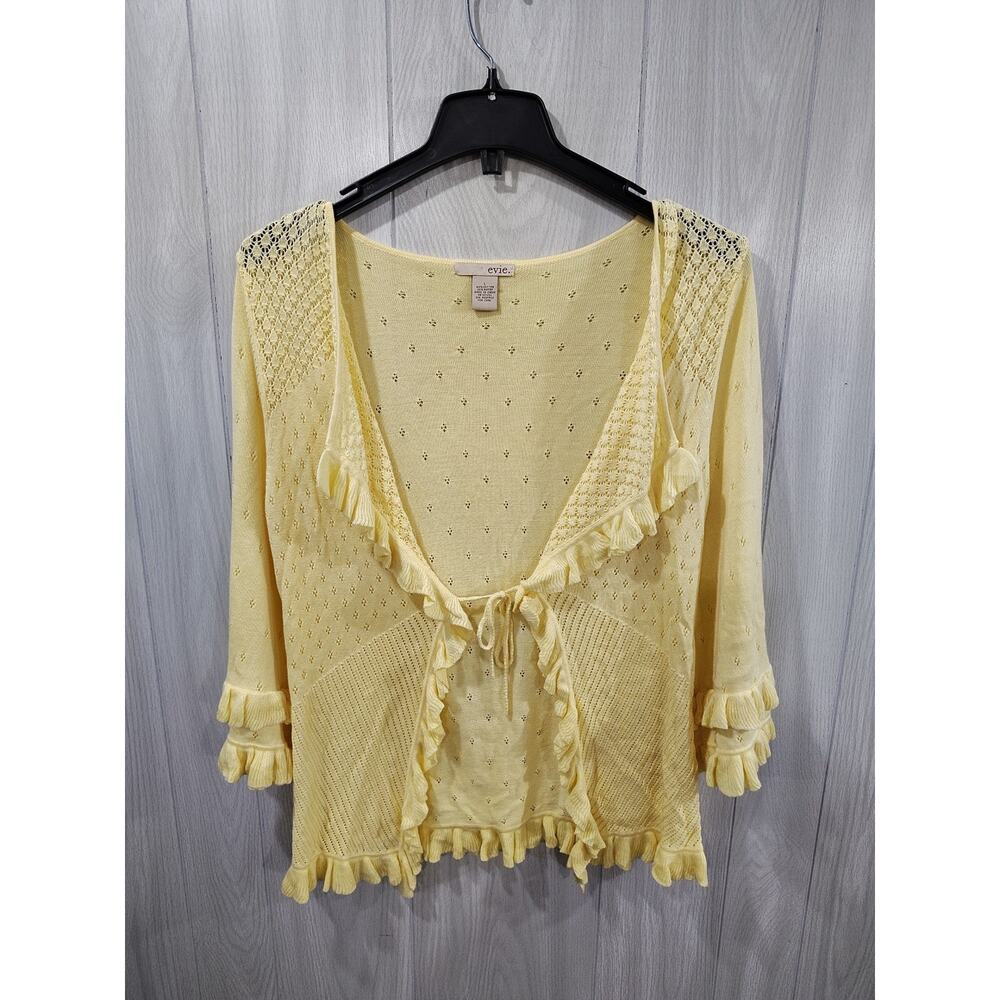 Women's Butter Yellow Eyelet Cardigan Size L Festival Boho Bell Sleeve